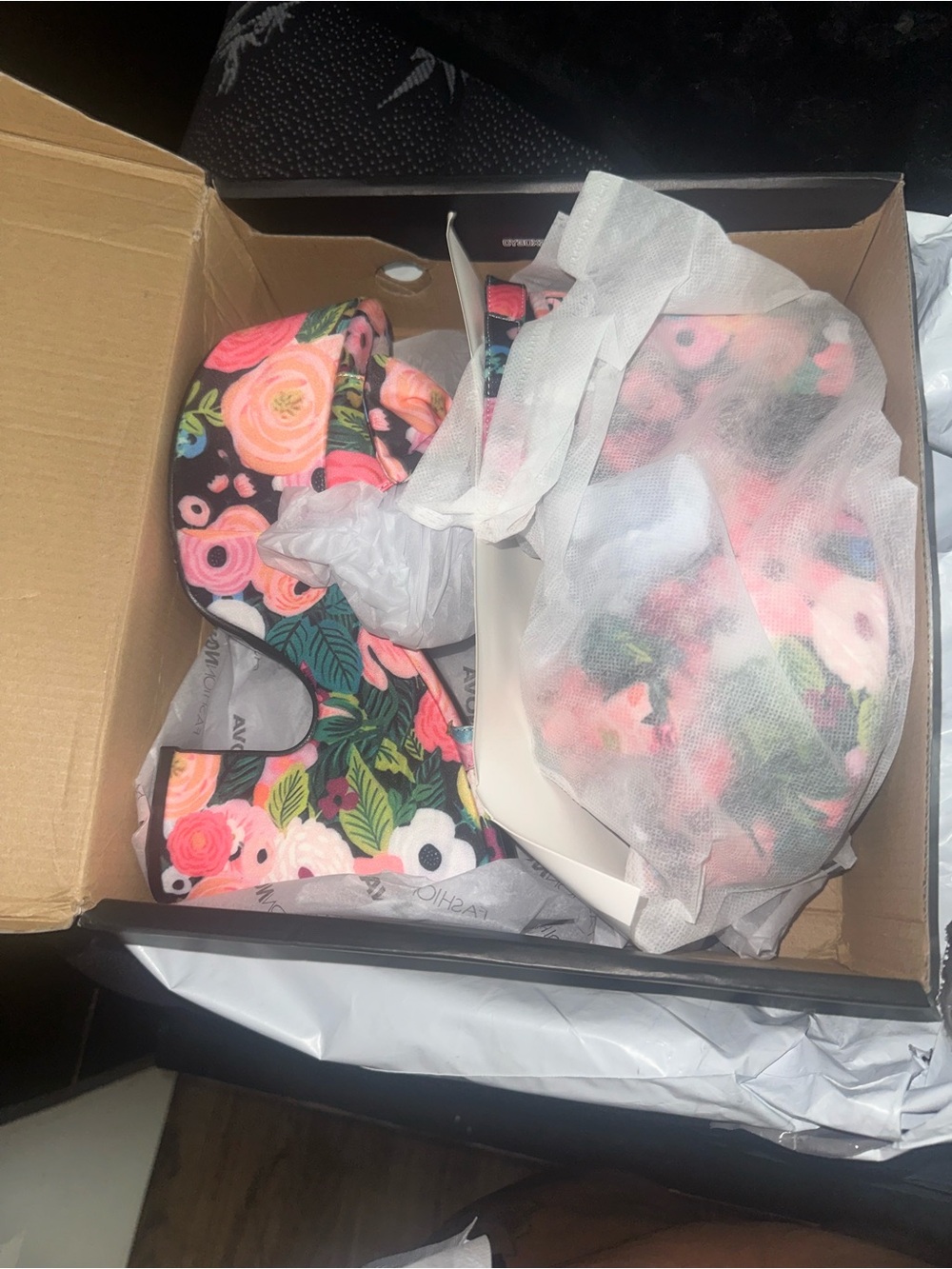 Fashion Nova Black Floral Platform Heels with Pink & Green Roses